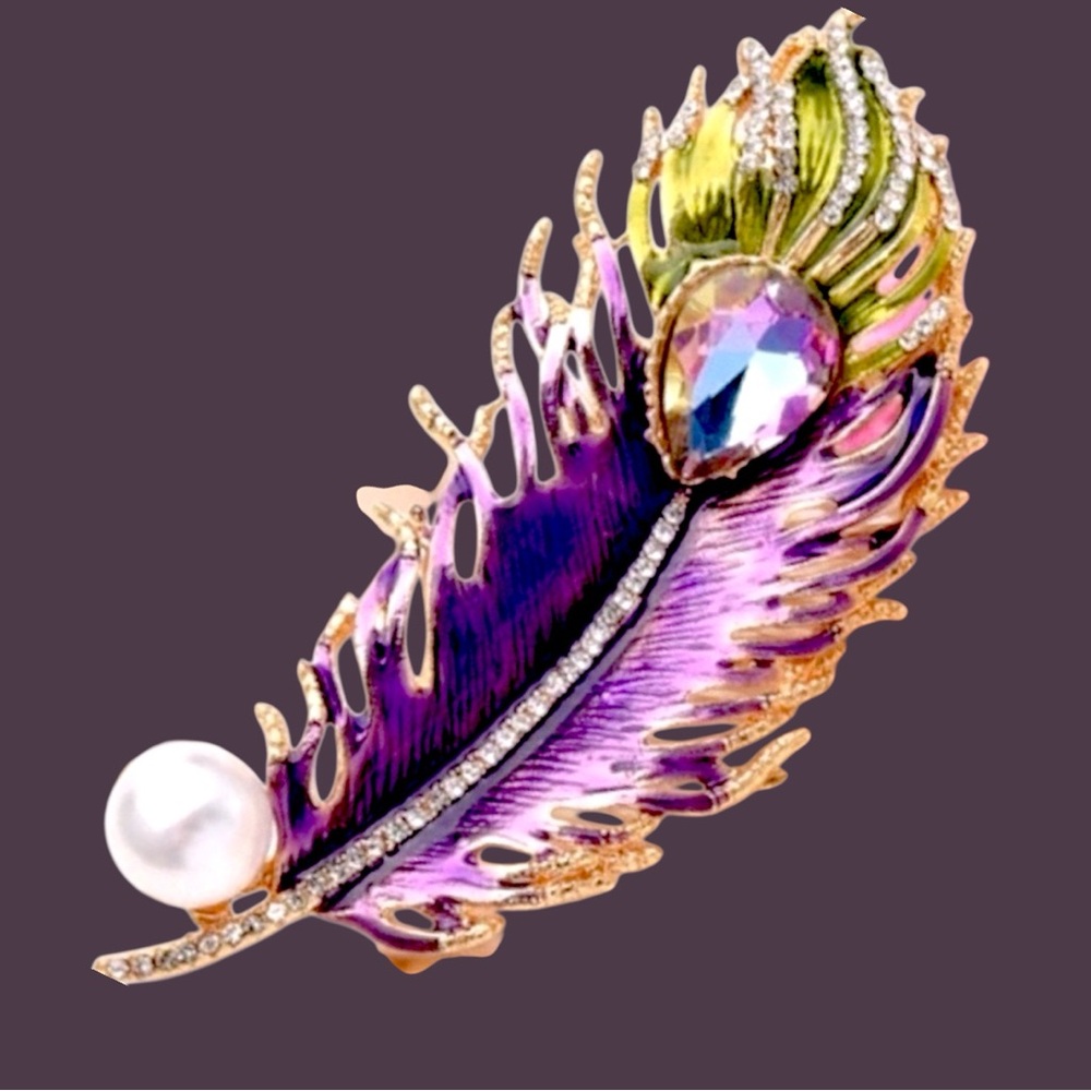 Feather Purple, Green, Gold, Crystal, Faux Pearl & Enamel Brooch - Picture 3 of 8